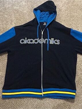 Akademiks Black Hoodie with Blue and Yellow Stripe Trim 5xl